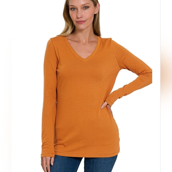 Zenana Outfitters Tops - NEW Zenana Cotton v-neck long sleeve Tee ~ Almond